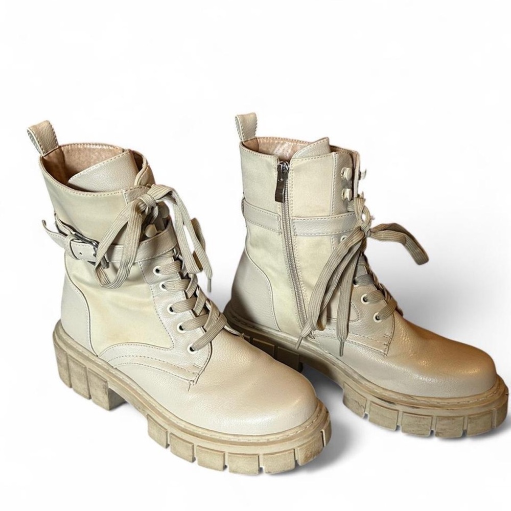 Cream Lace-Up Ankle Boots